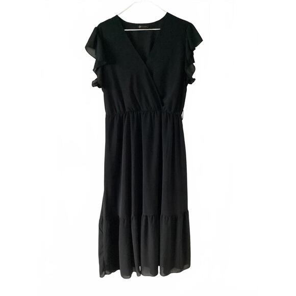PrettyGarden Black Ruffle Sleeve Midi Dress Women’s Size L Flowing A-Line Casual - Picture 1 of 9
